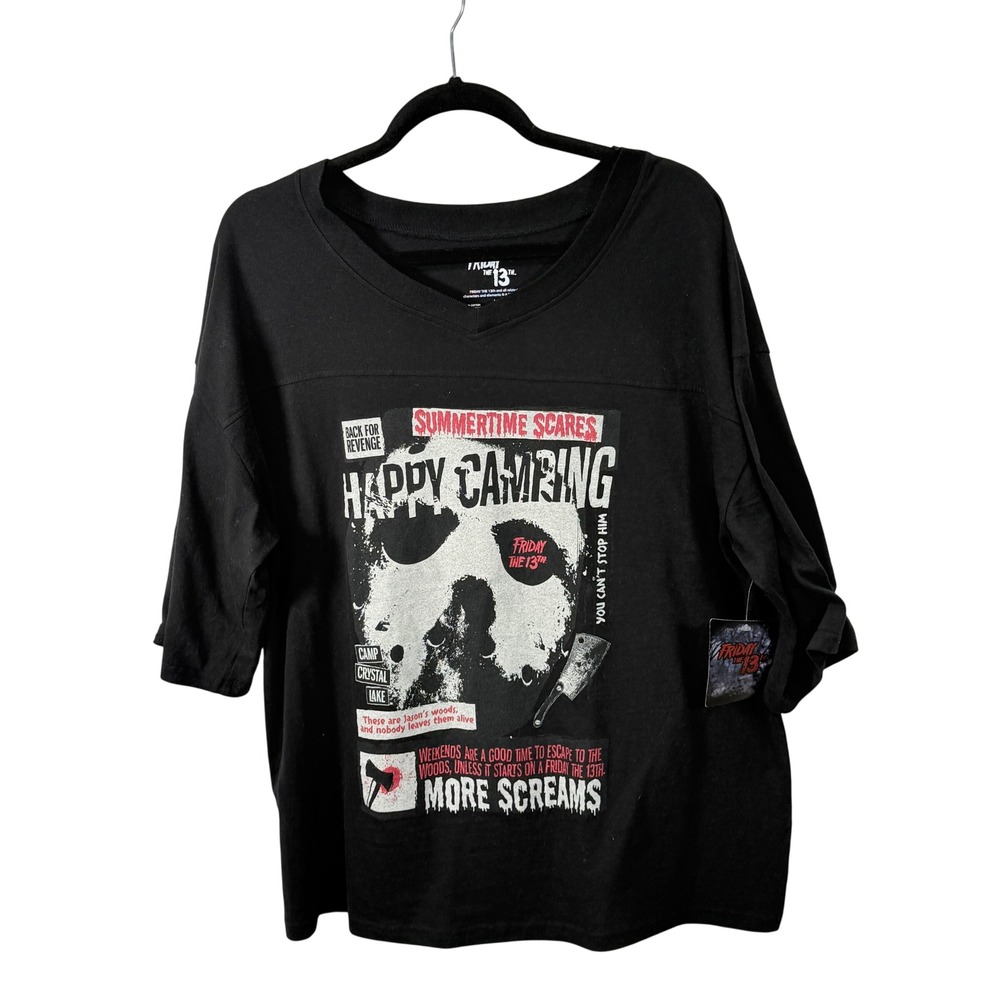 Friday The 13th NEW Mens Large Black V Neck Graphic T Shirt Happy Camping Horror